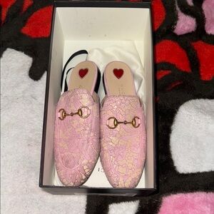 Gucci Pink Lace Horsebit Mules